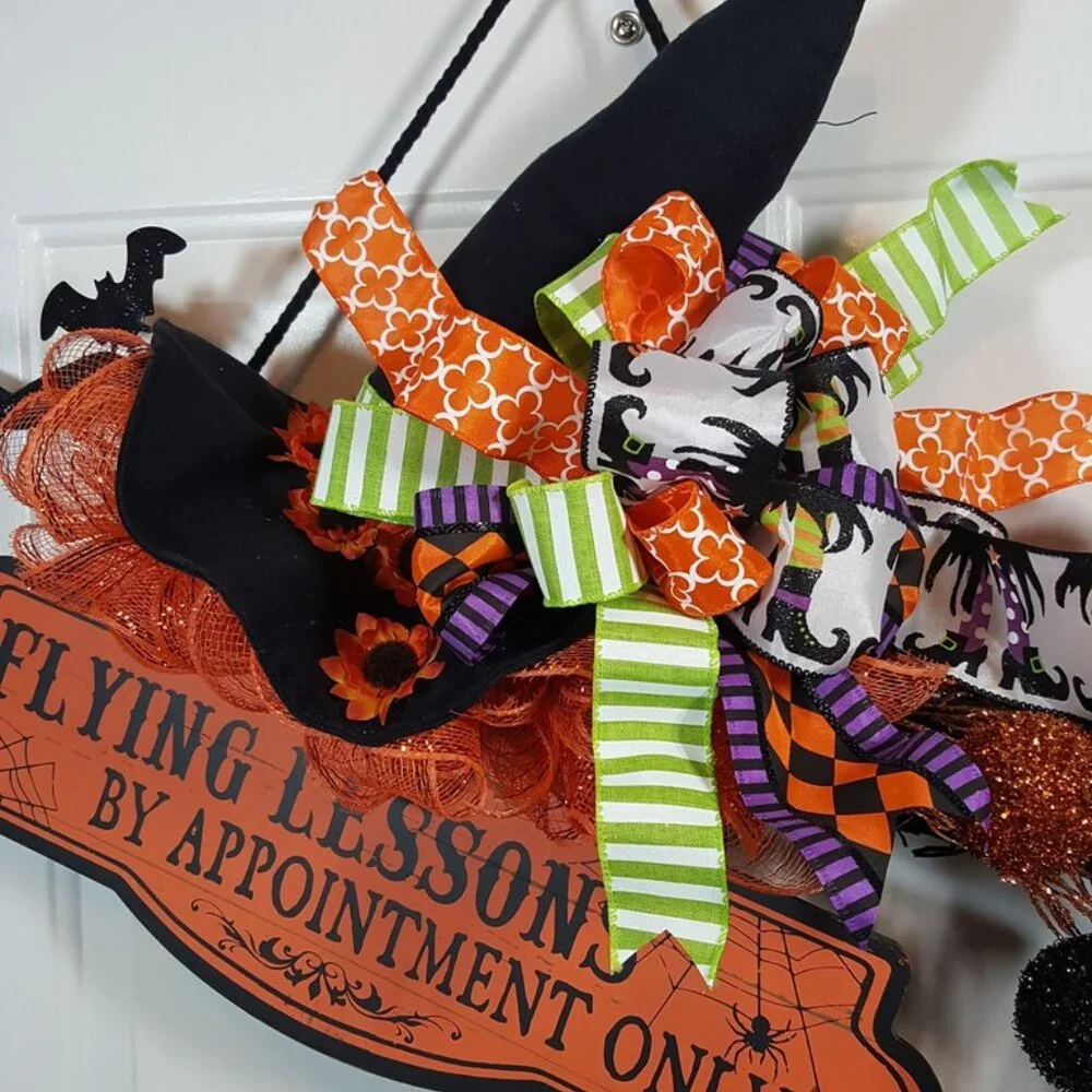 Witch's Flying Broom Stick Halloween Wreath, Flying Lesson Broom Wreath